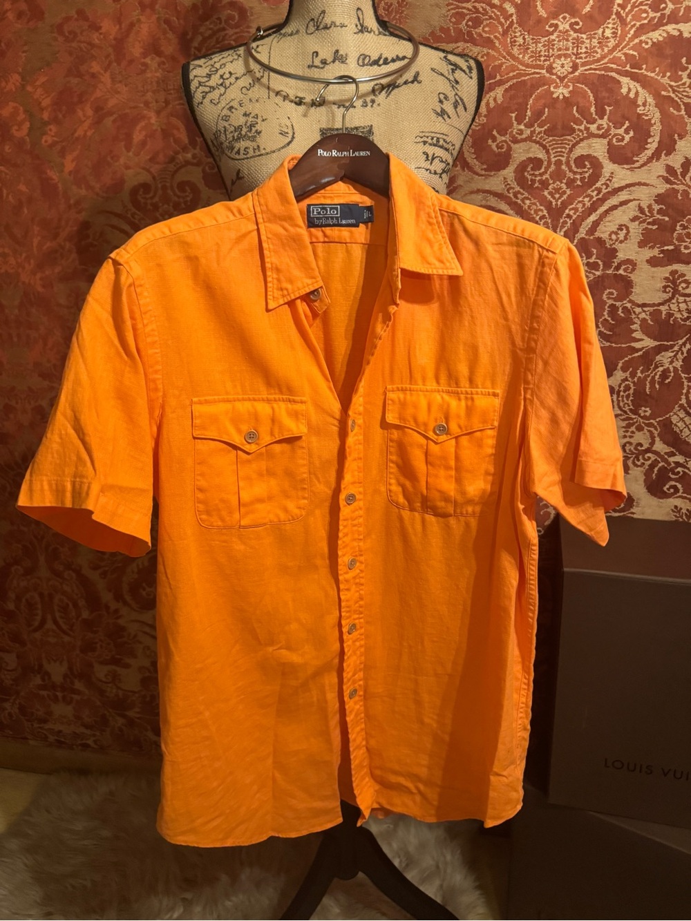 Polo by Ralph Lauren Men’s Bright Orange Linen Short-Sleeve Button-Down Shirt